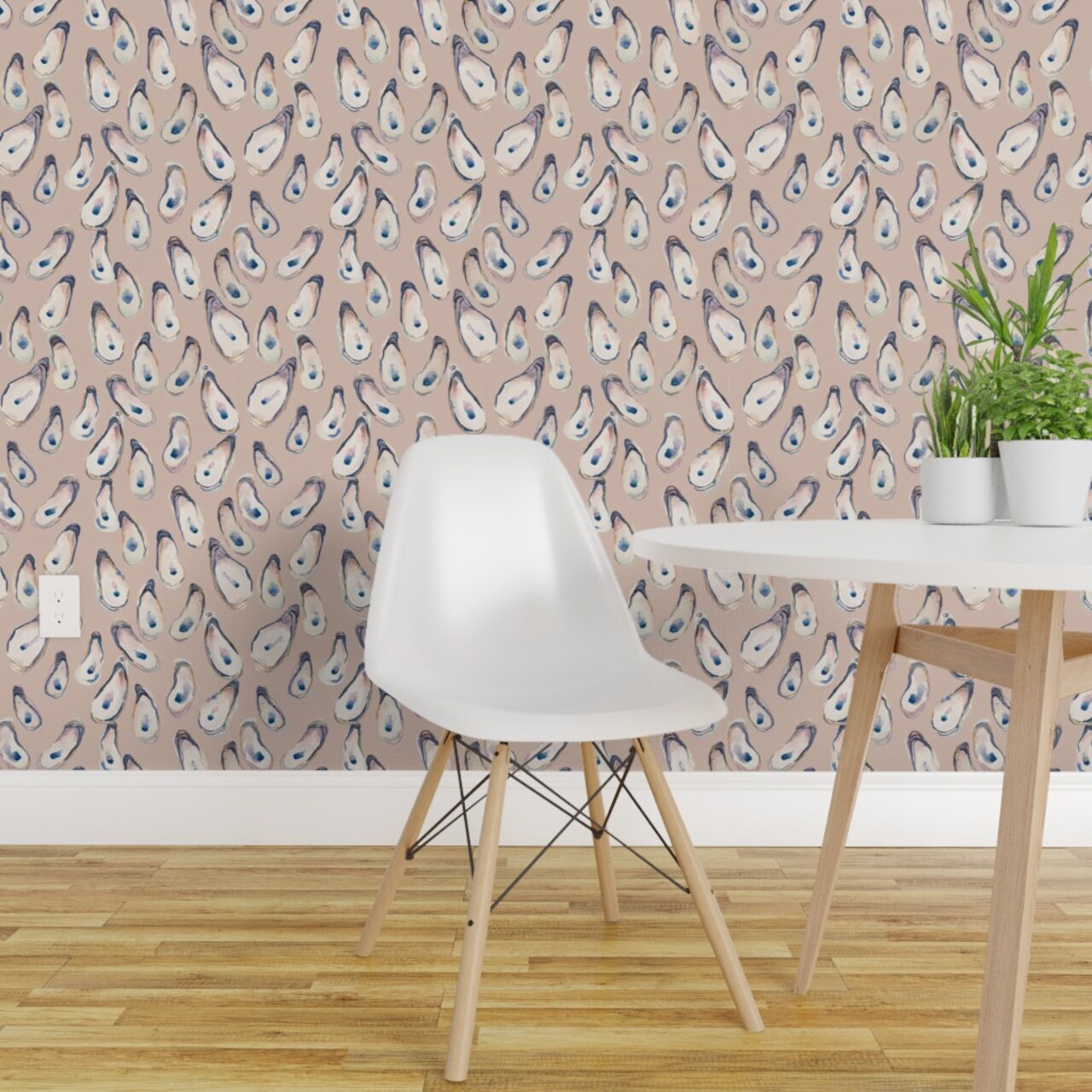 Pre-Pasted Wallpaper 2FT Wide Watercolor Oysters Beach Ocean Minimal Classic Boho Cottage Core Pink Sea Shells Custom Pre-pasted Wallpaper by Spoonflower
